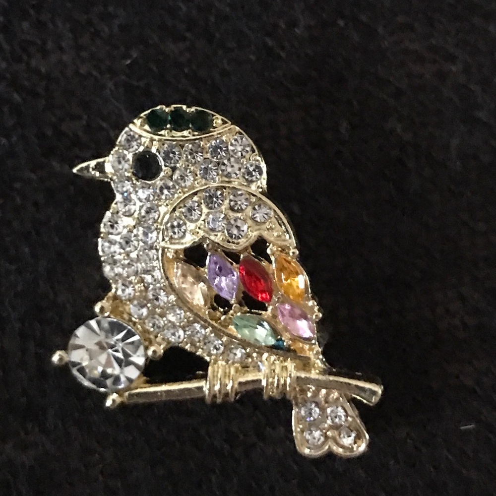 Bird pin brooch Rhinestones multicolored Small 1-1/4”wide for clothes or hat New